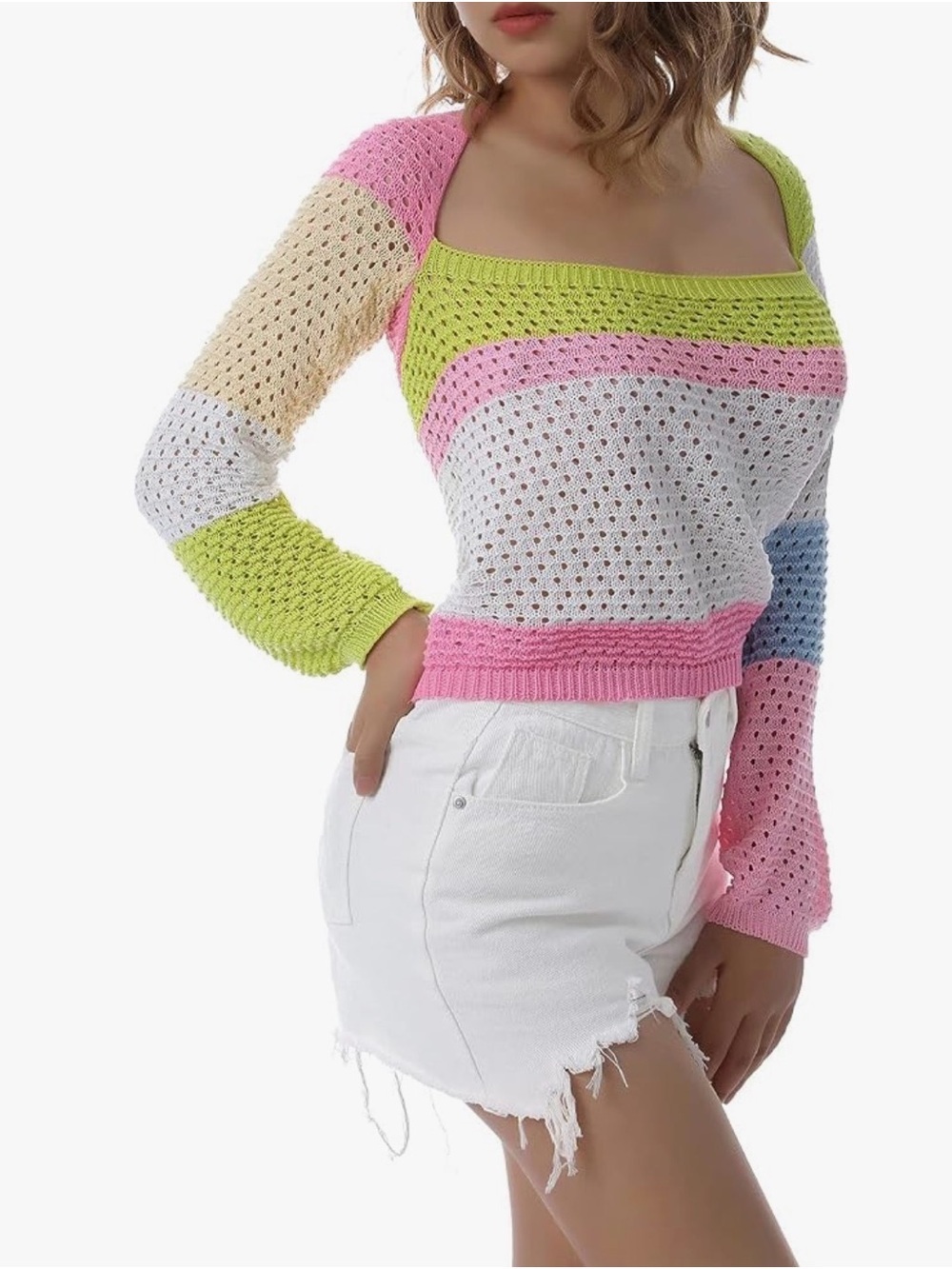 Women’s Pastel Striped Crochet Sweater - Multicolor